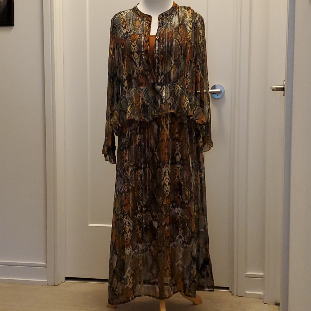 Boho Maxi Dress Snake print Karen by Simonsen Metallic thread vintage look - Picture 1 of 12